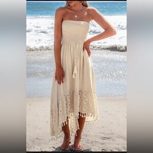 Sand Smocked Tassel Tie Tube Cream Lace Midi Dress